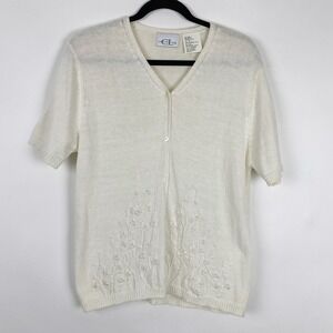 Vintage Cricket Lane Ivory Floral Embroidered Pearl SS‎ VNeck Cardigan Womens M